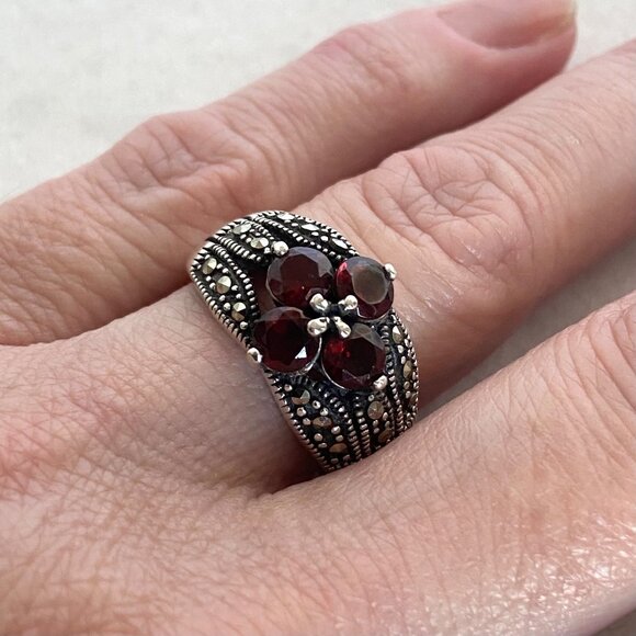 Sterling Silver 925 Multi Gemstone Garnet & Marcasite Floral Band Ring Sz 6.25 - Picture 13 of 16